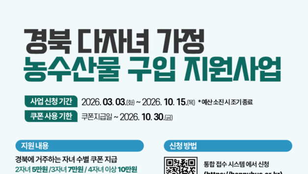 영덕군, 다자녀 가정 농수산물 구입 지원사업 시행